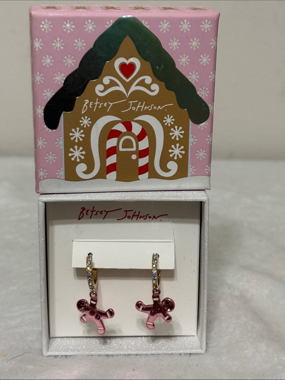 Betsey Johnson pink Gingerbread man Hoop Earrings with Rhinestone Accents